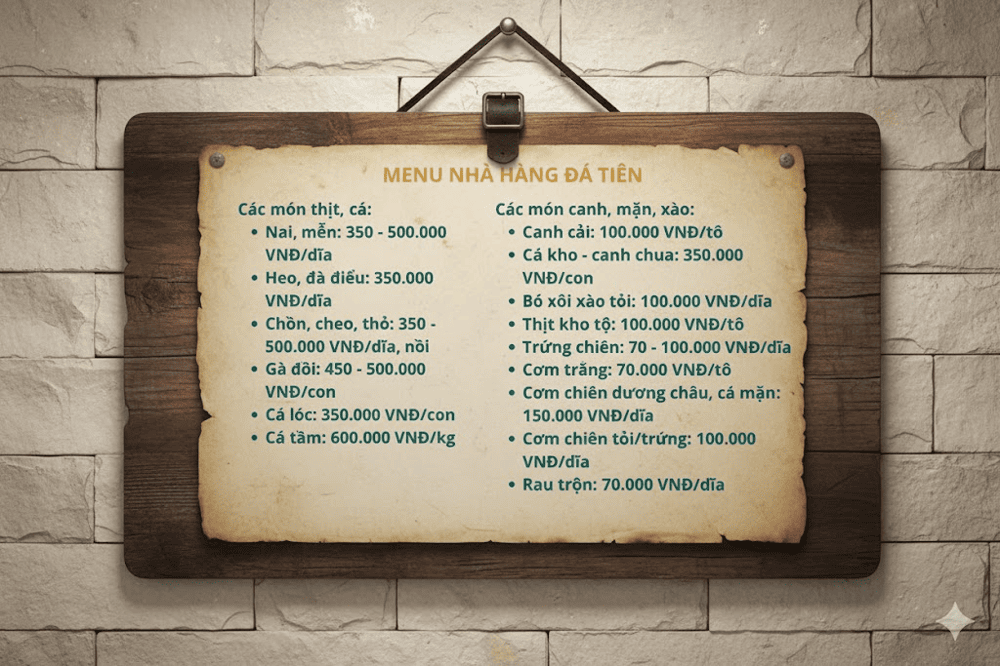 Nh&agrave; h&agrave;ng Đ&aacute; Ti&ecirc;n với thực đơn đa dạng, phong ph&uacute;, gi&uacute;p bạn thưởng thức được c&aacute;c m&oacute;n ăn đặc sản của rừng n&uacute;i T&acirc;y Nguy&ecirc;n